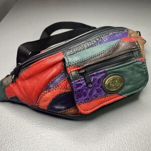 KMQ Vtg 80s Leather Fanny Pack 4 Pockets Patchwork Colorblock Colorful Bright